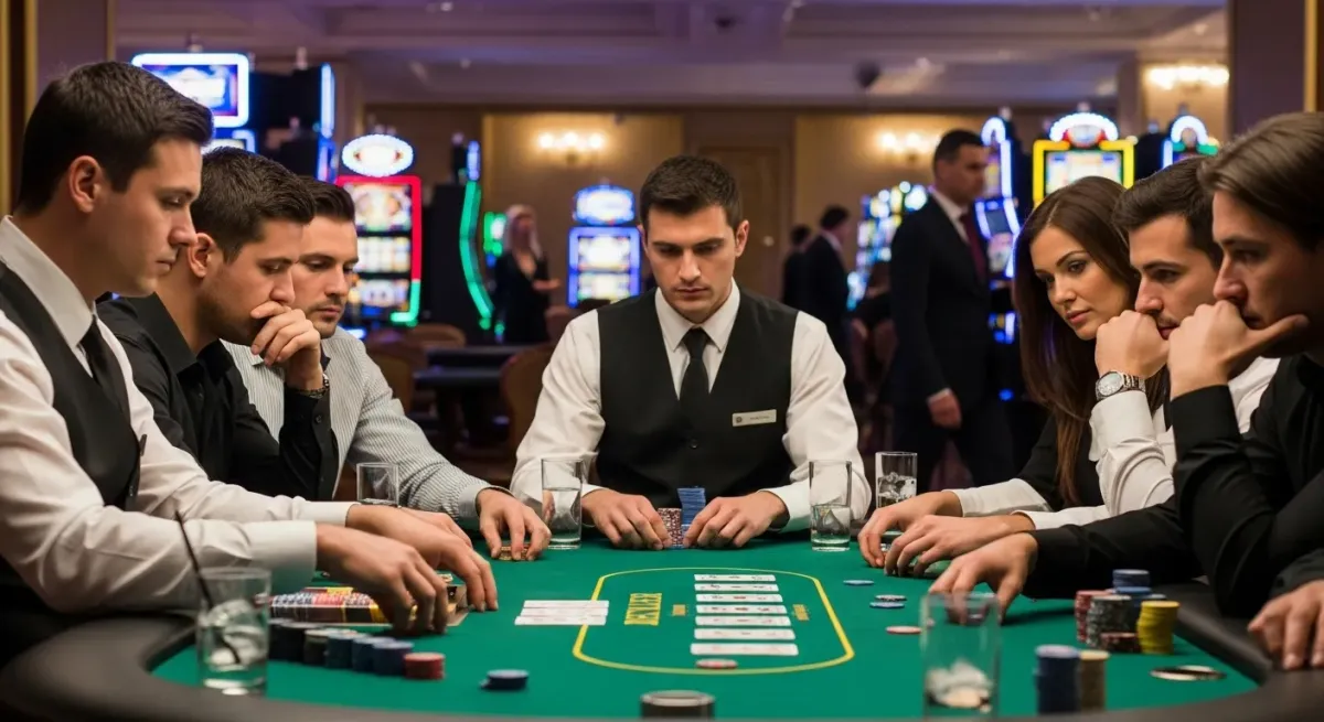 malina casino Partita a poker con croupier e giocatori concentrati al casinò
