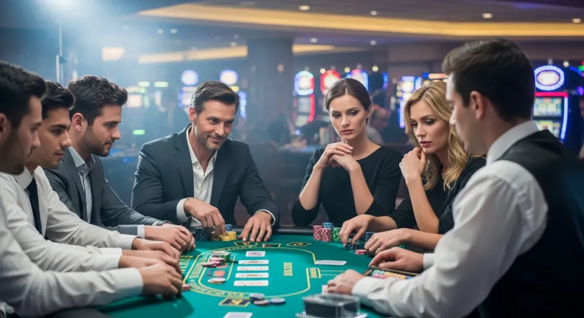 malina casino Giocatori a poker con fiches e carte al tavolo verde casinò