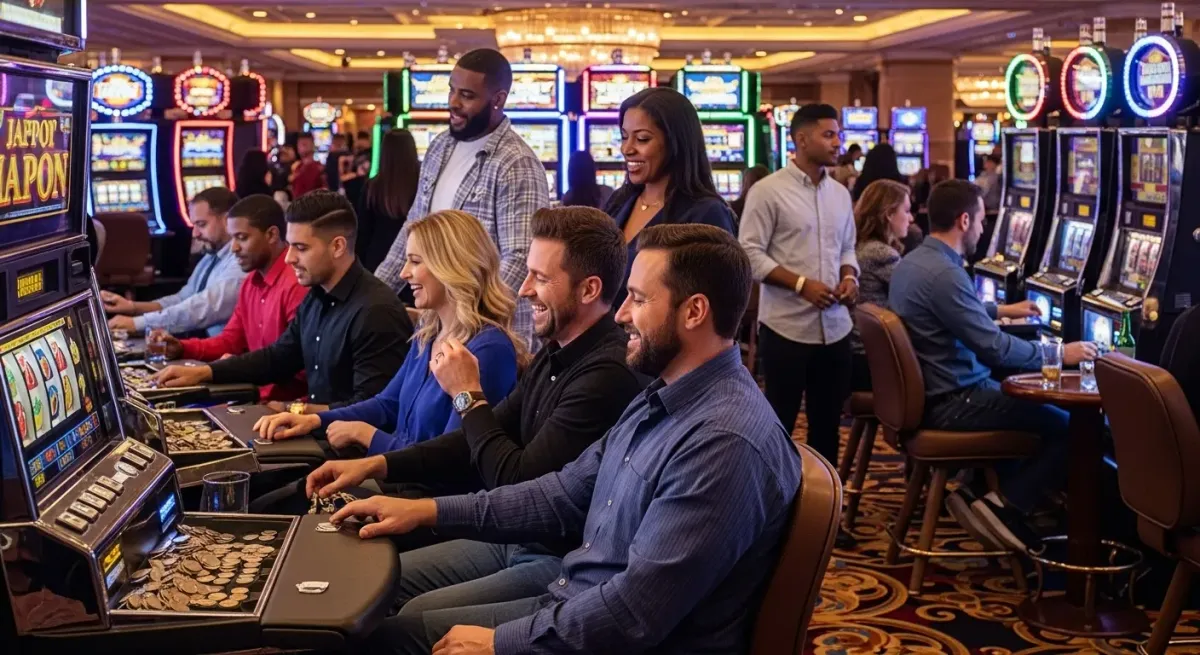 malina casino Gente che gioca alle slot machine in un casinò