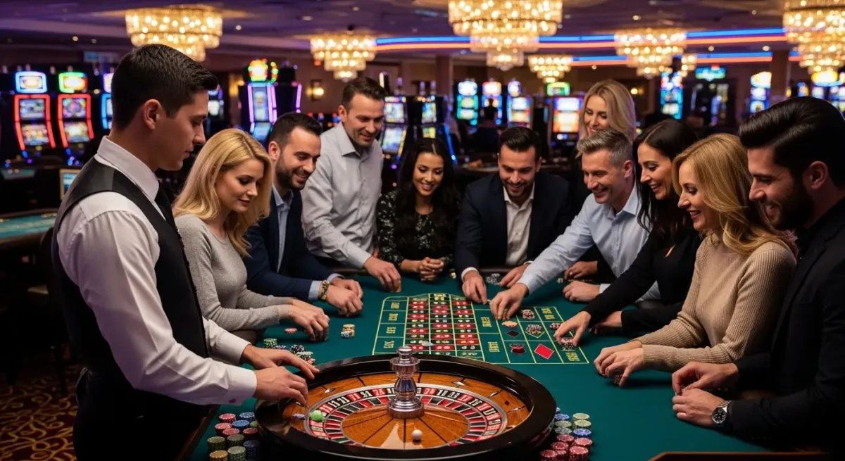 malina casino Croupier e giocatori felici al tavolo da roulette del casinò