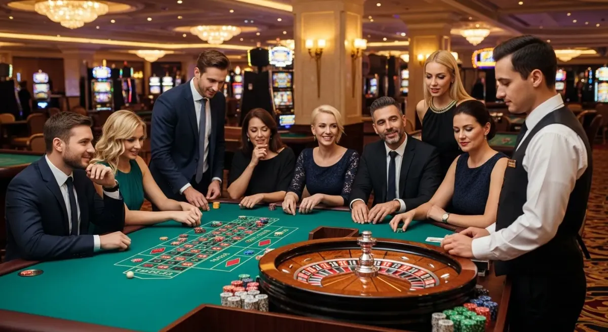 malina casino Gruppo elegante gioca alla roulette al casinò con croupier