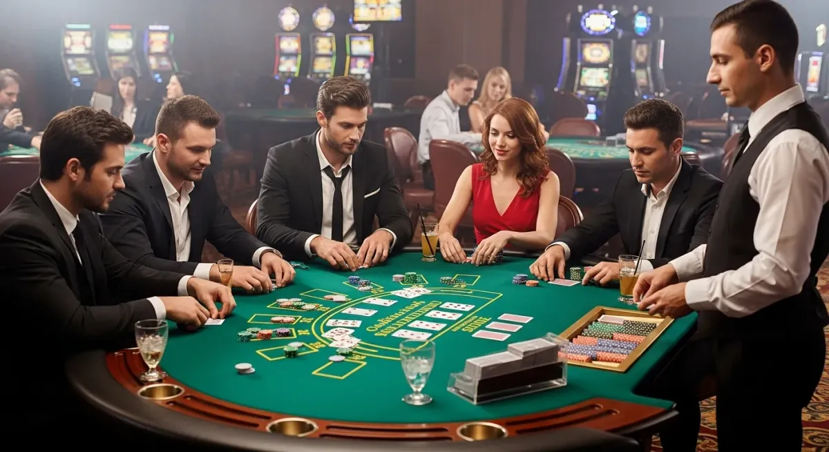 malina casino Croupier e giocatori eleganti al tavolo da gioco nel casinò
