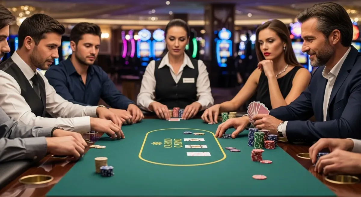 malina casino Giocatori e croupier a un tavolo da poker in casinò