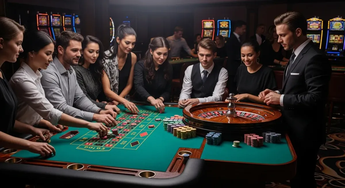 malina casino Amici giocano alla roulette con un croupier in un casinò elegante