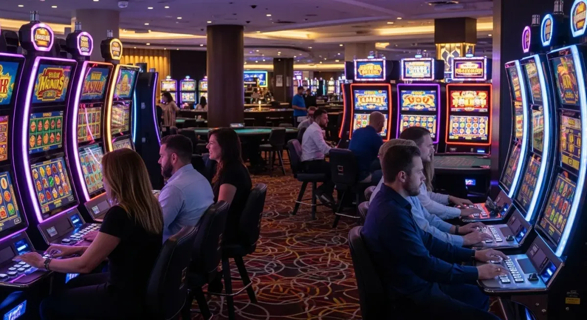 malina casino Giocatori usano slot machine luminose al casinò