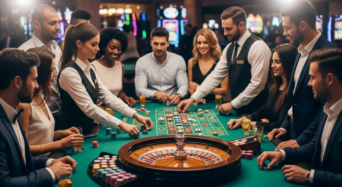 malina casino Giocatori e croupier al tavolo della roulette in un casinò elegante
